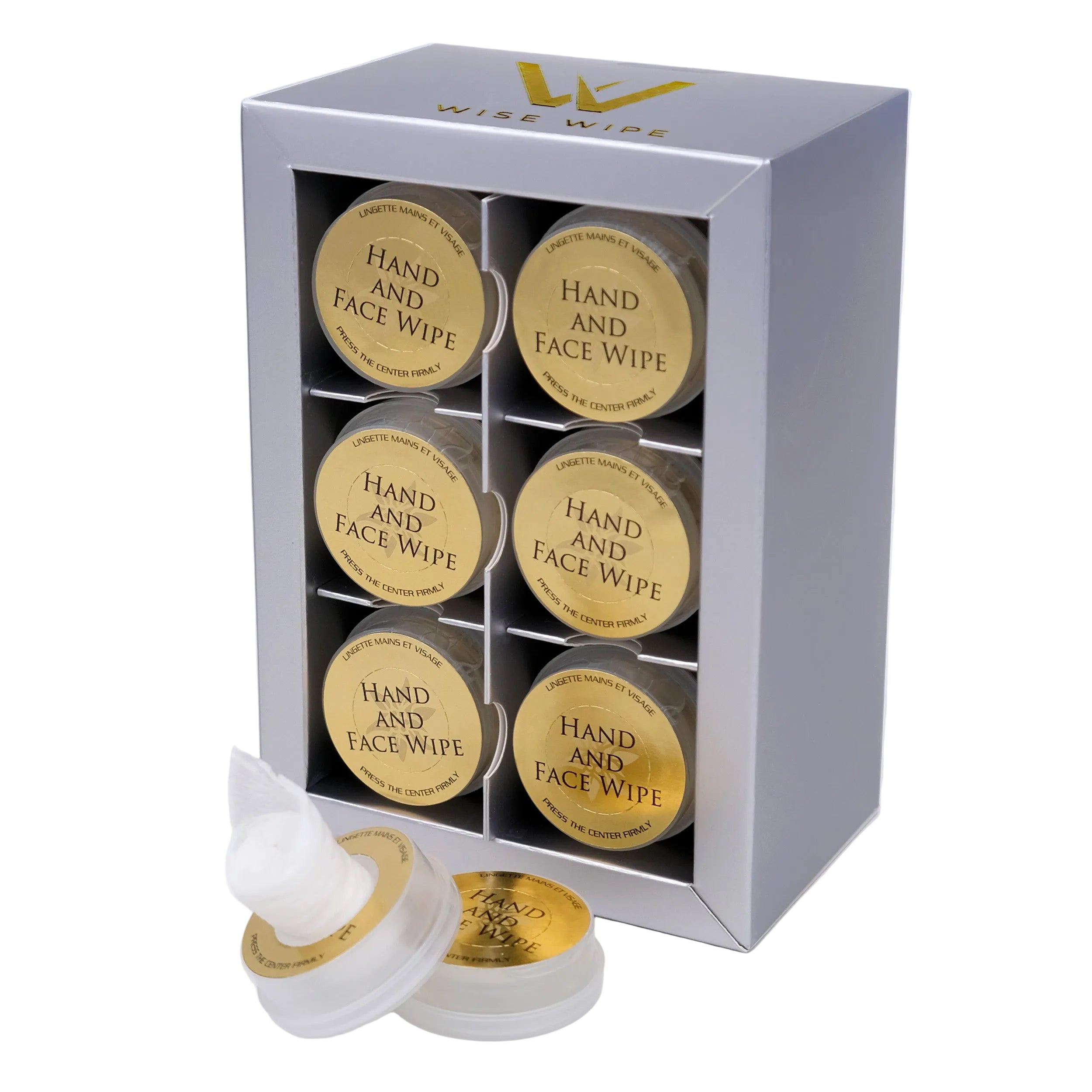 Set of hand and face wipes in a silver box with visible branding.