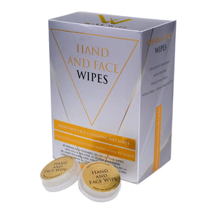 Box of hand and face wipes with two wipes in front on a white background