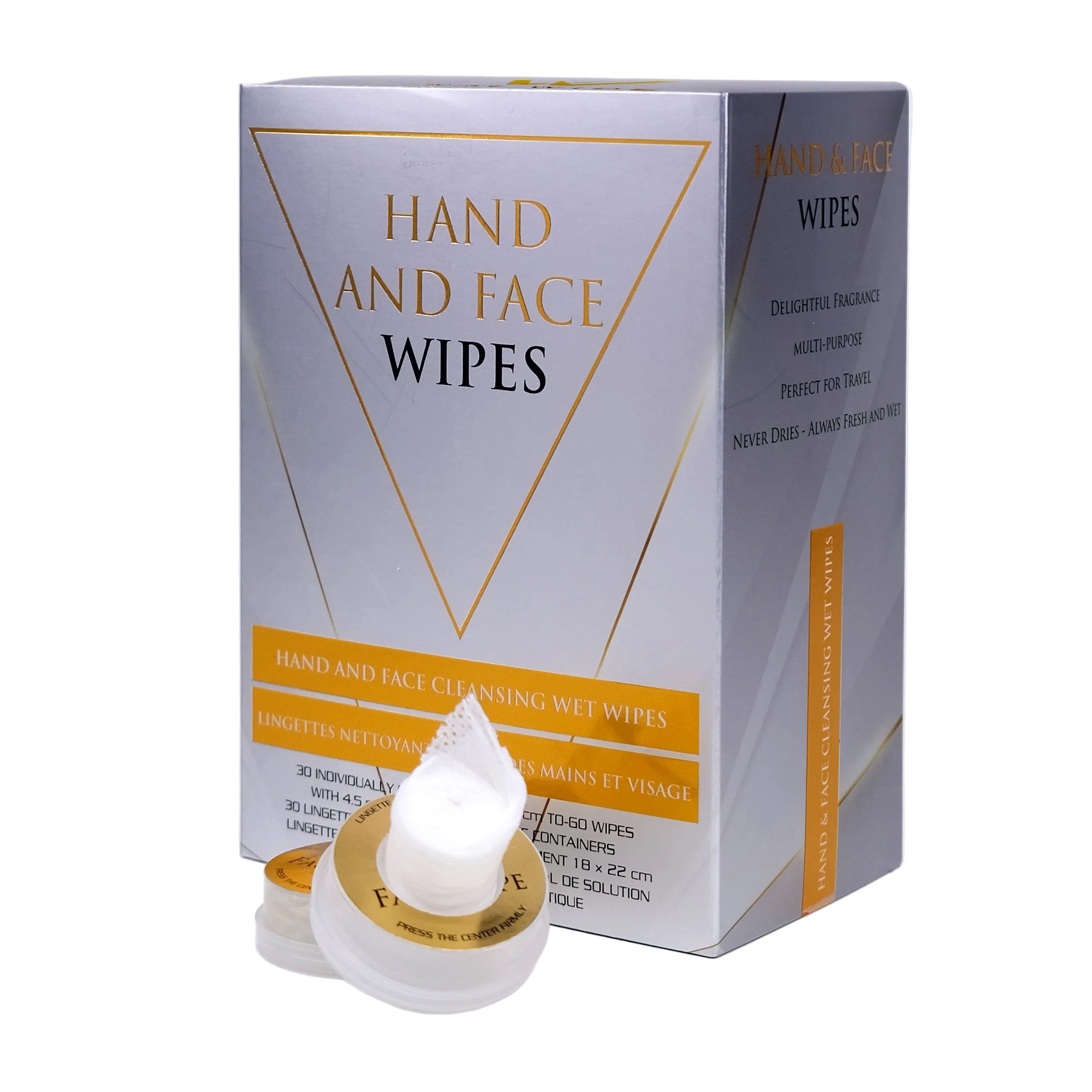 Hand and face wipes packaging with a white background