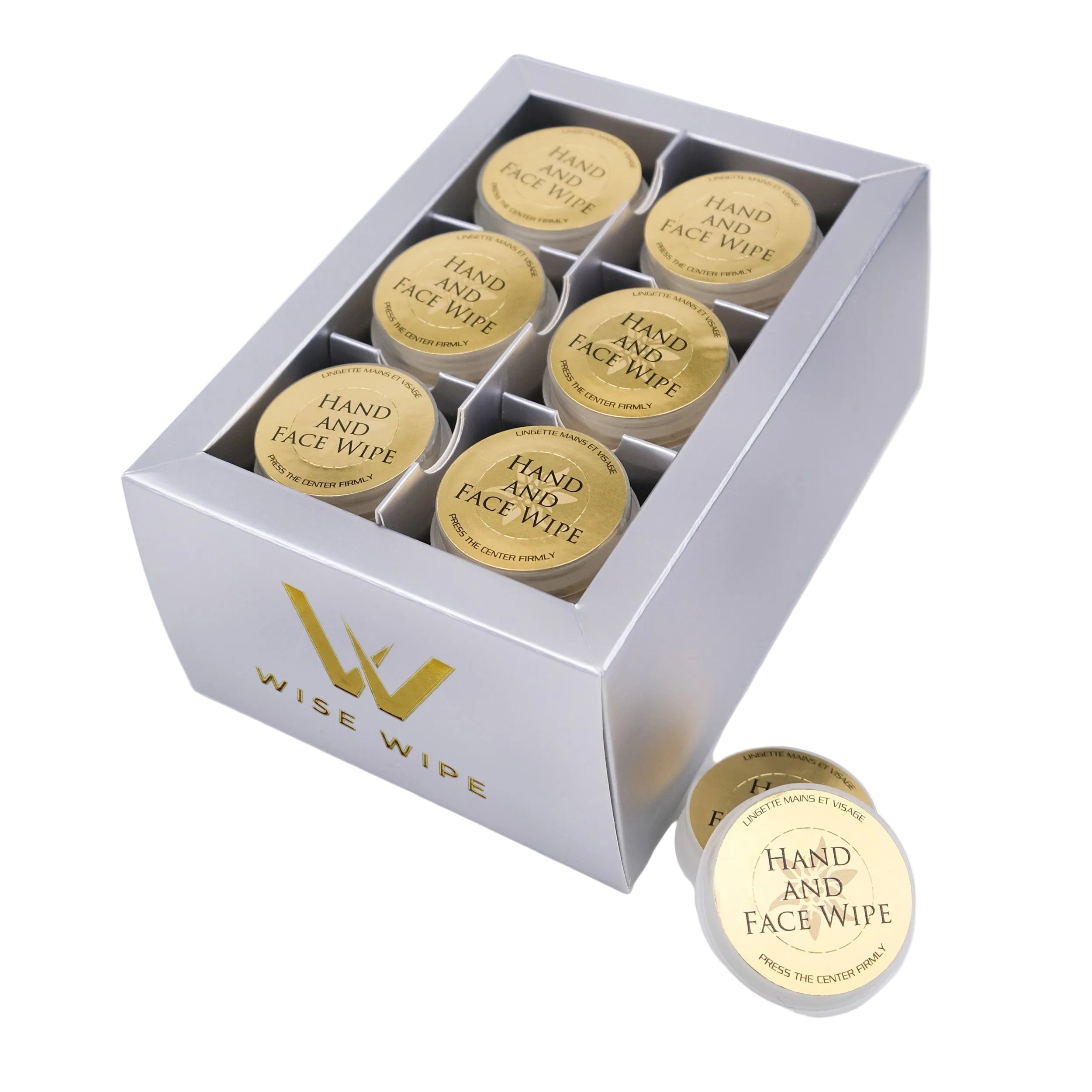 Set of Wise Wipe hand and face wipes in a white box with gold labels.