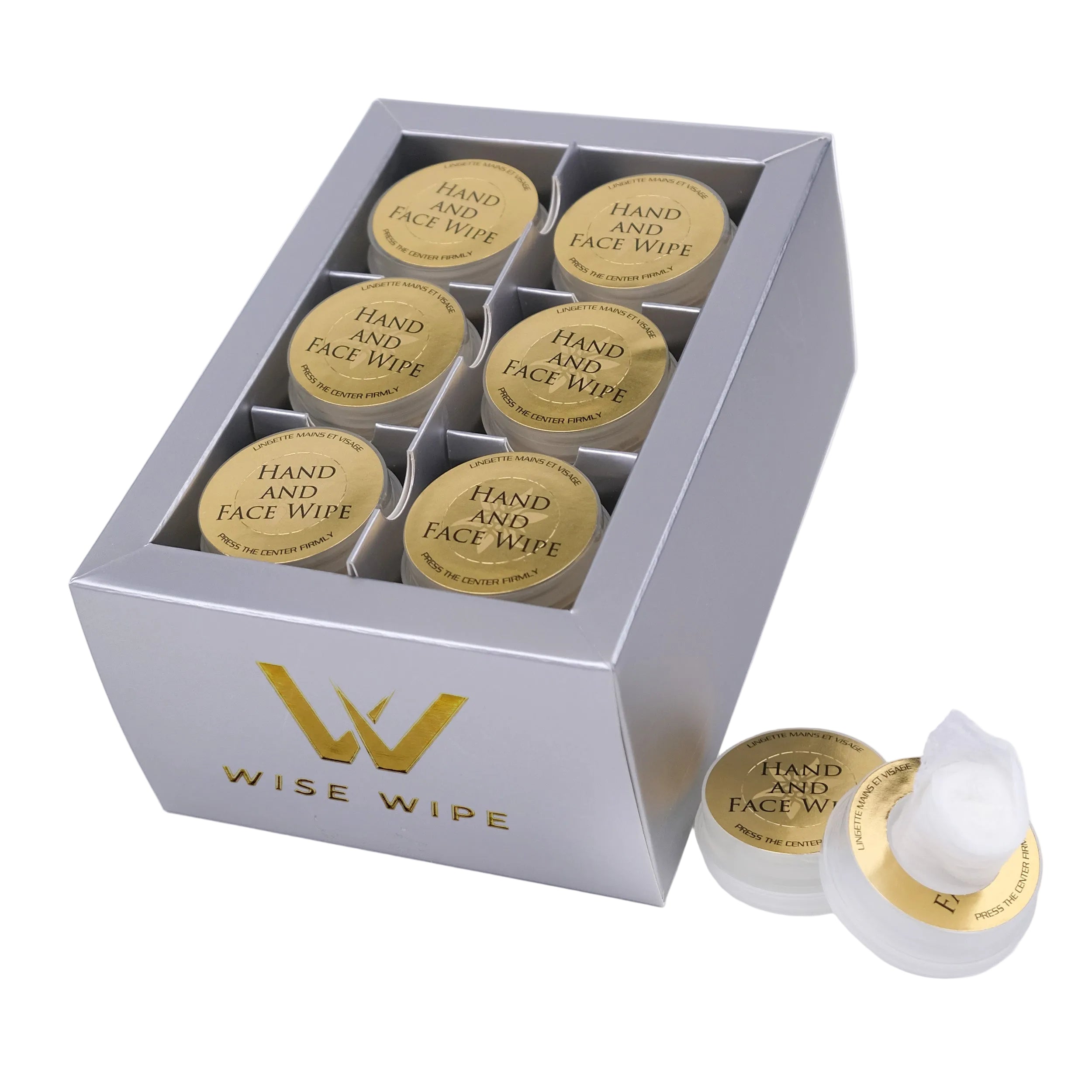 Set of Wise Wipe hand and face wipes in a box on a white background
