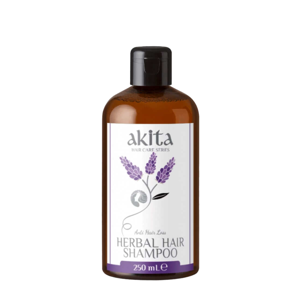Bottle of Akita Herbal Hair Shampoo with lavender design on a white background
