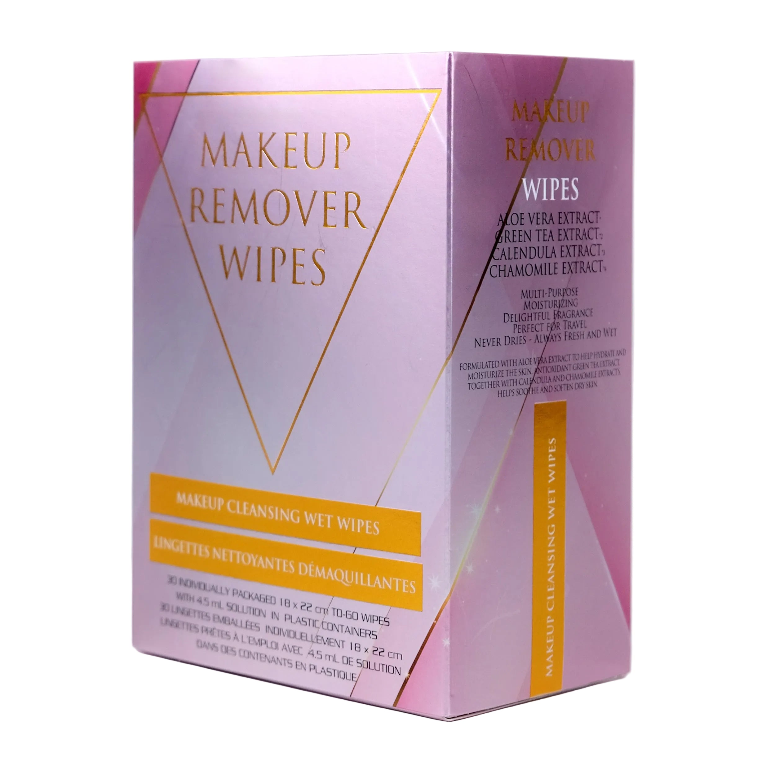 Box of makeup remover wipes with geometric design on a white background