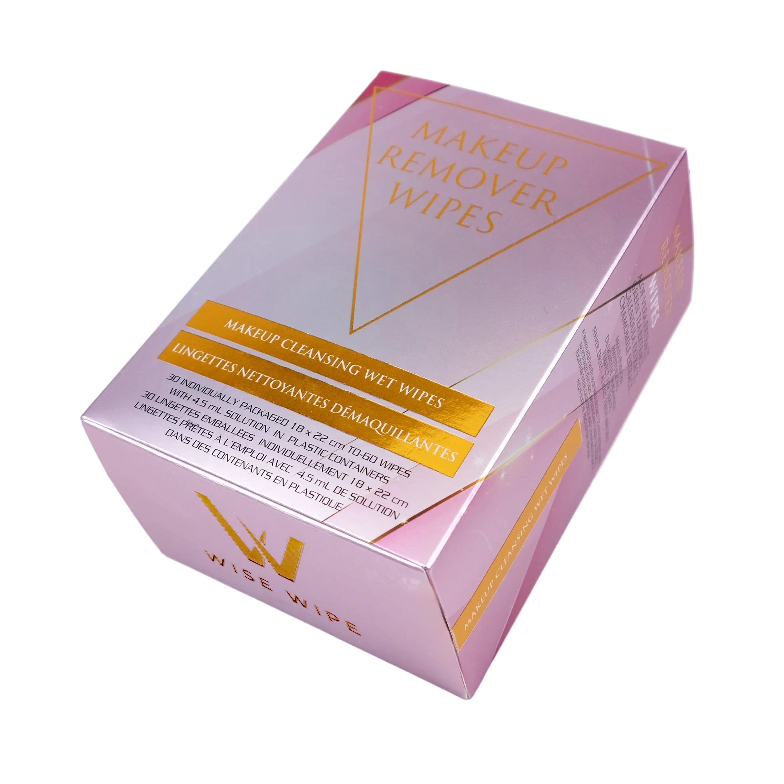 Box of makeup remover wipes with pink and gold design on a white background