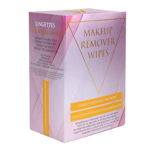 Box of makeup remover wipes with pink and gold design on a white background
