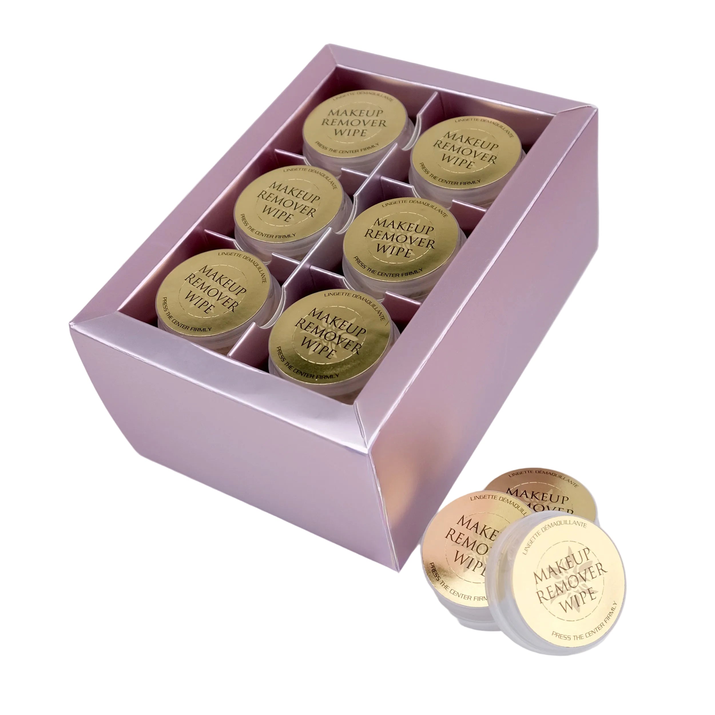 Makeup remover wipes in a pink box on a light gray background