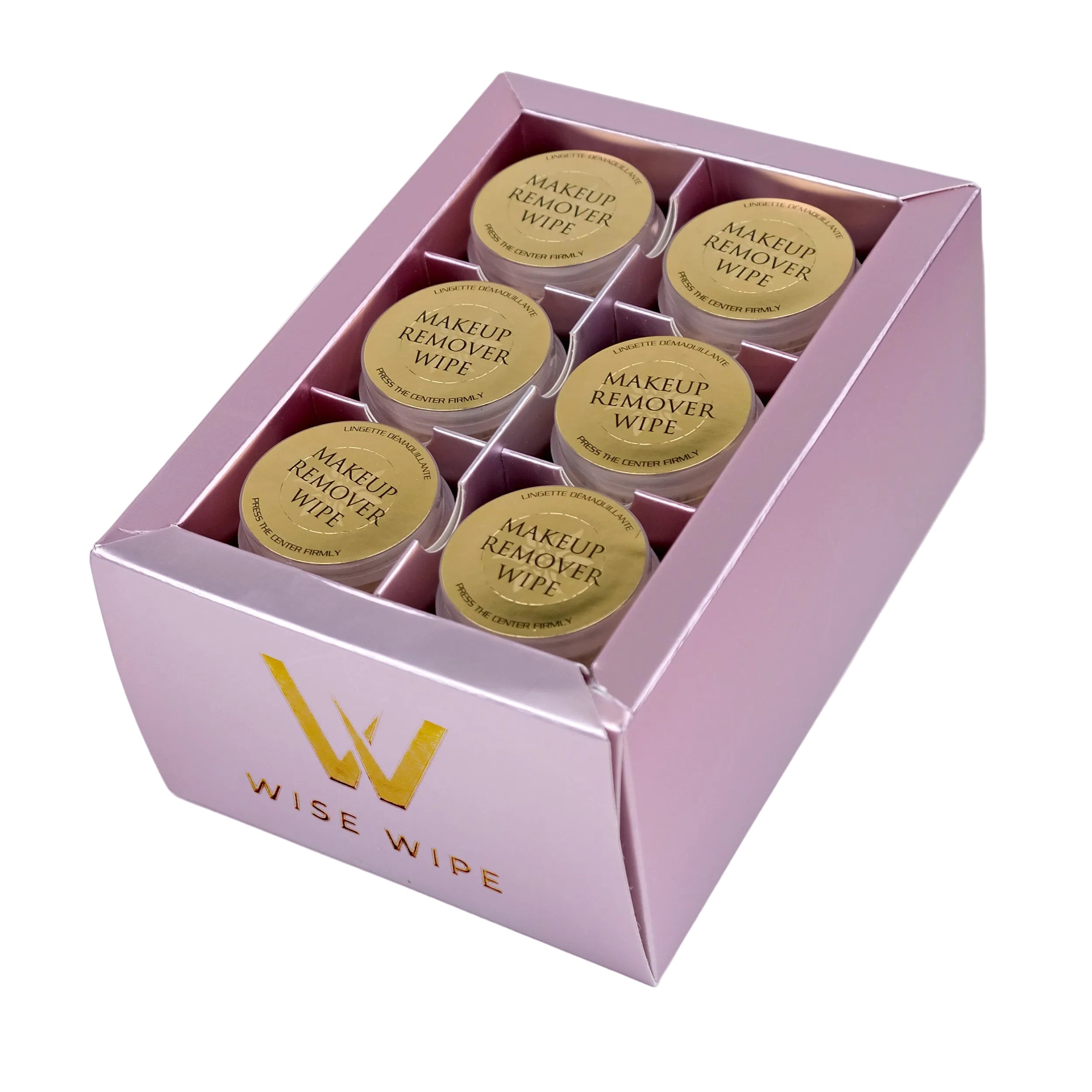 Pink packaging box with six makeup remover wipes labeled 'Wise Wipe' on a light gray background.