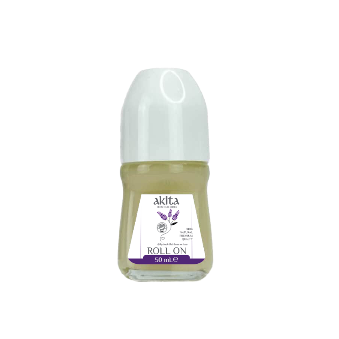 Roll-on bottle with a white cap and visible branding on a white background