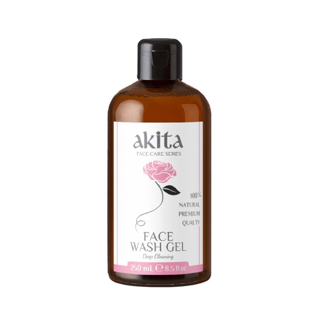 Bottle of akita face wash gel on a white background
