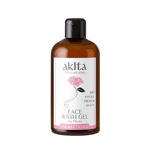 Bottle of akita face wash gel on a white background