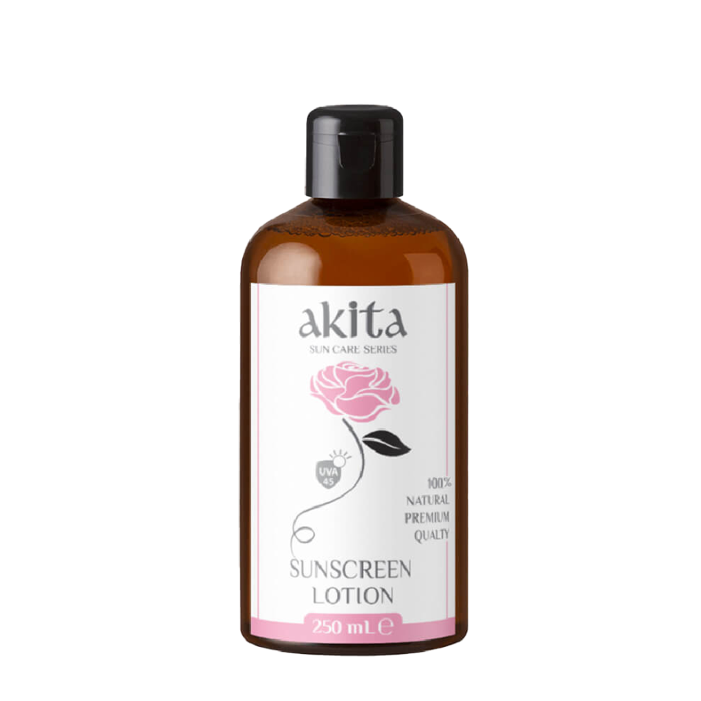 Bottle of Akita sunscreen lotion with a white background