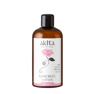 Bottle of Akita sunscreen lotion with a white background