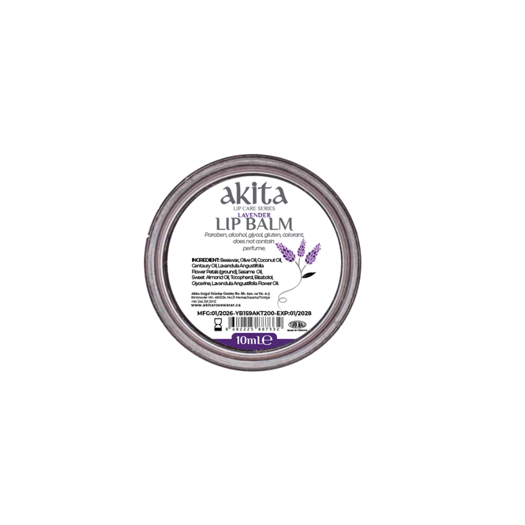 Lip balm container with 'akita' branding on a white background