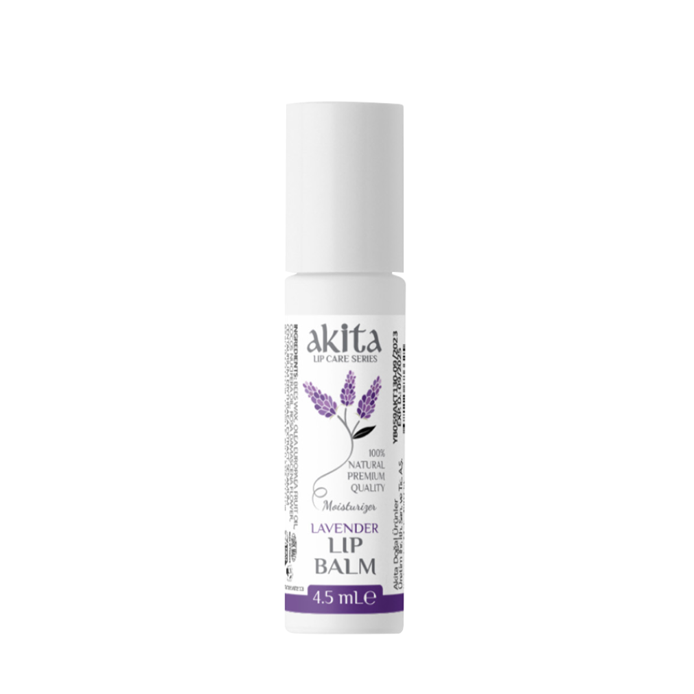 Lip balm bottle with lavender design on a white background