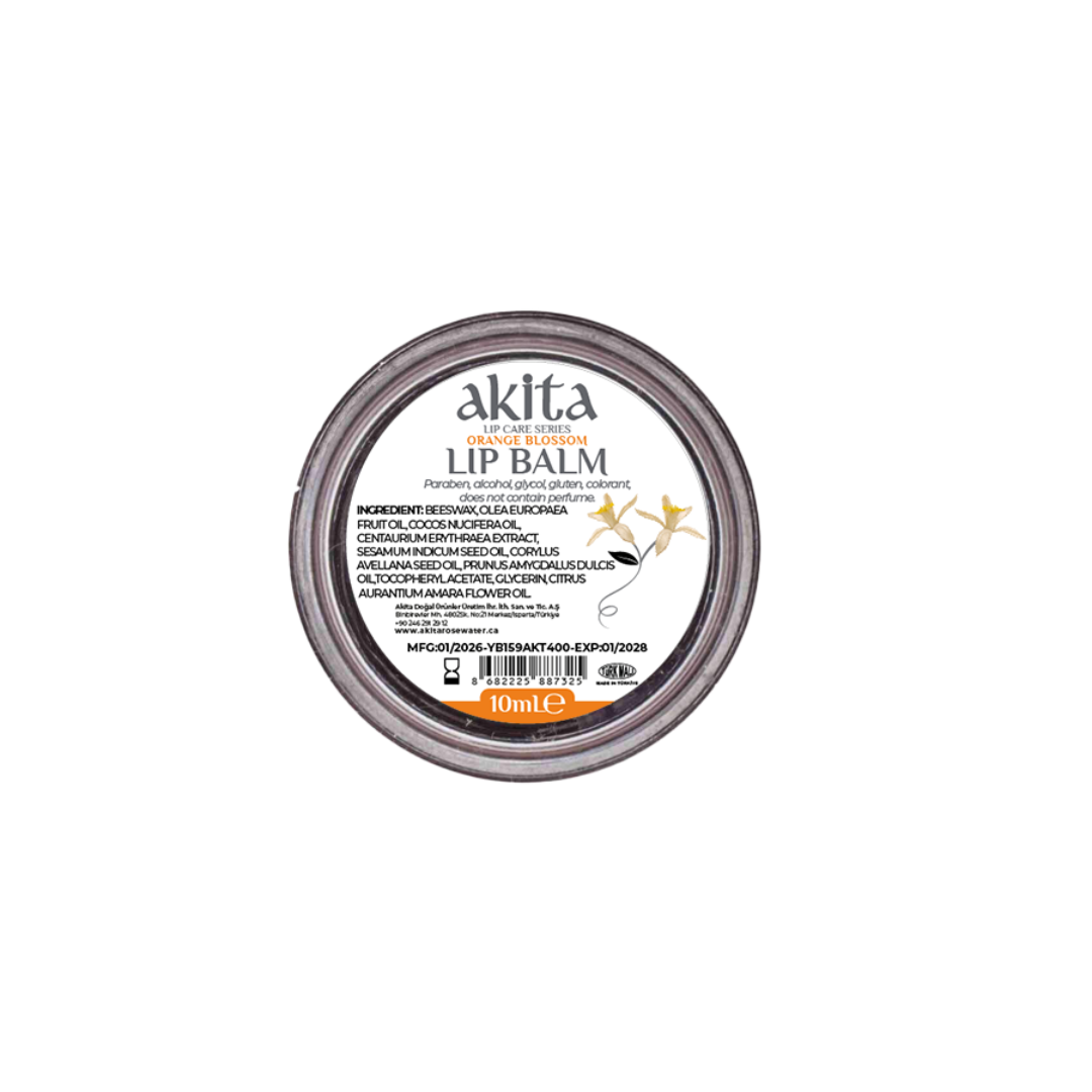 Lip balm container with 'akita' branding on a white background