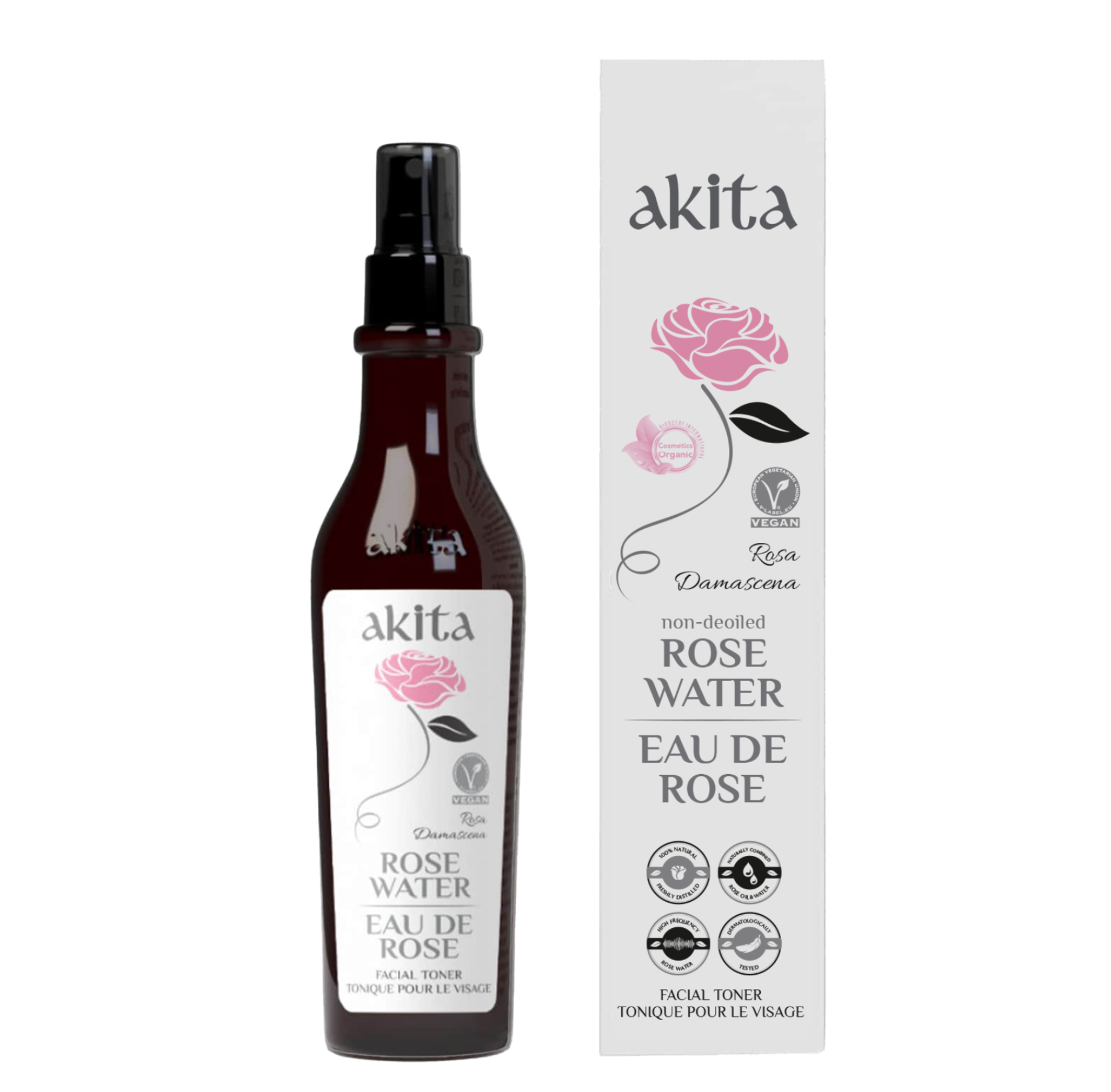 Akita rose water bottle and packaging on a white background