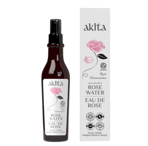 Akita rose water bottle and packaging on a white background