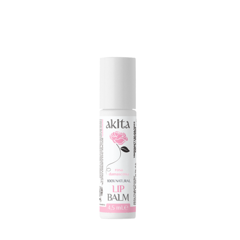 Lip balm container with 'akita' branding on a white background