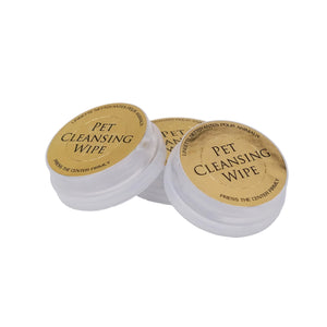 Pet cleansing wipes with gold labels on a white background