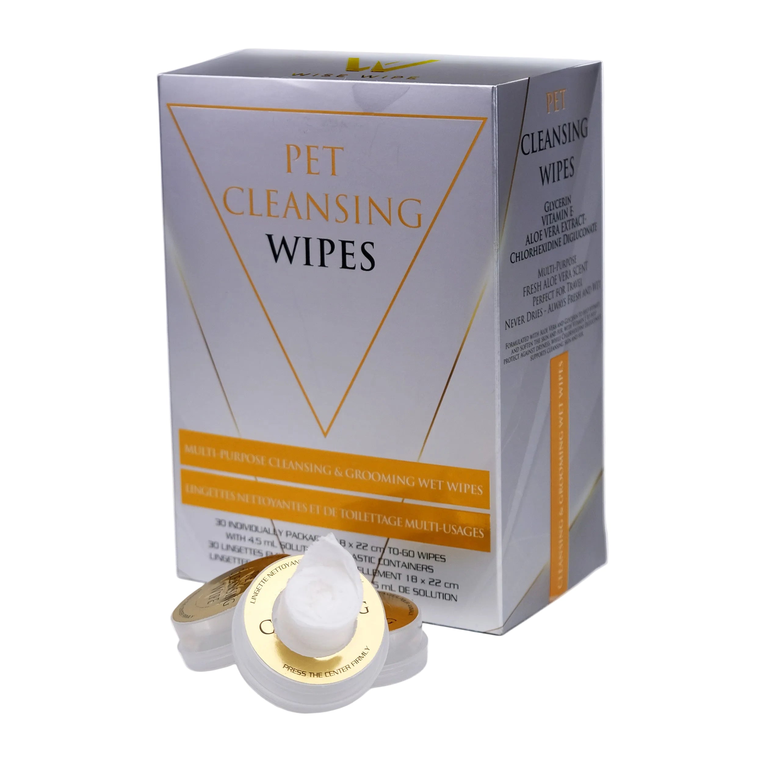 Box of Pet Cleansing Wipes with a single wipe on a white background