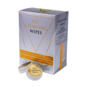 Box of Pet Cleansing Wipes with a single wipe on a white background
