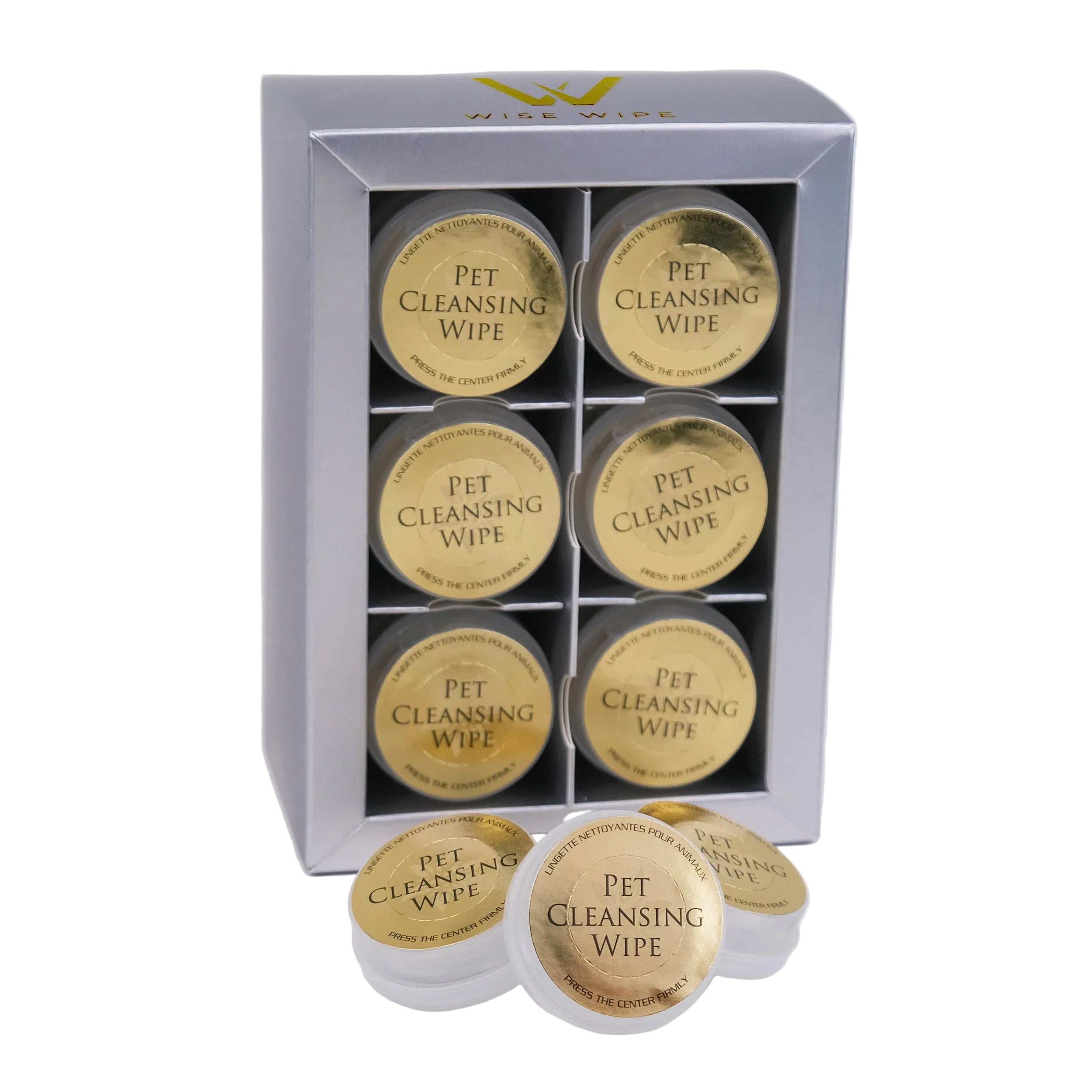 Box of Pet Cleansing Wipes with six round containers on a white background
