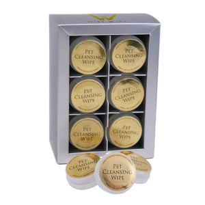 Box of Pet Cleansing Wipes with six round containers on a white background