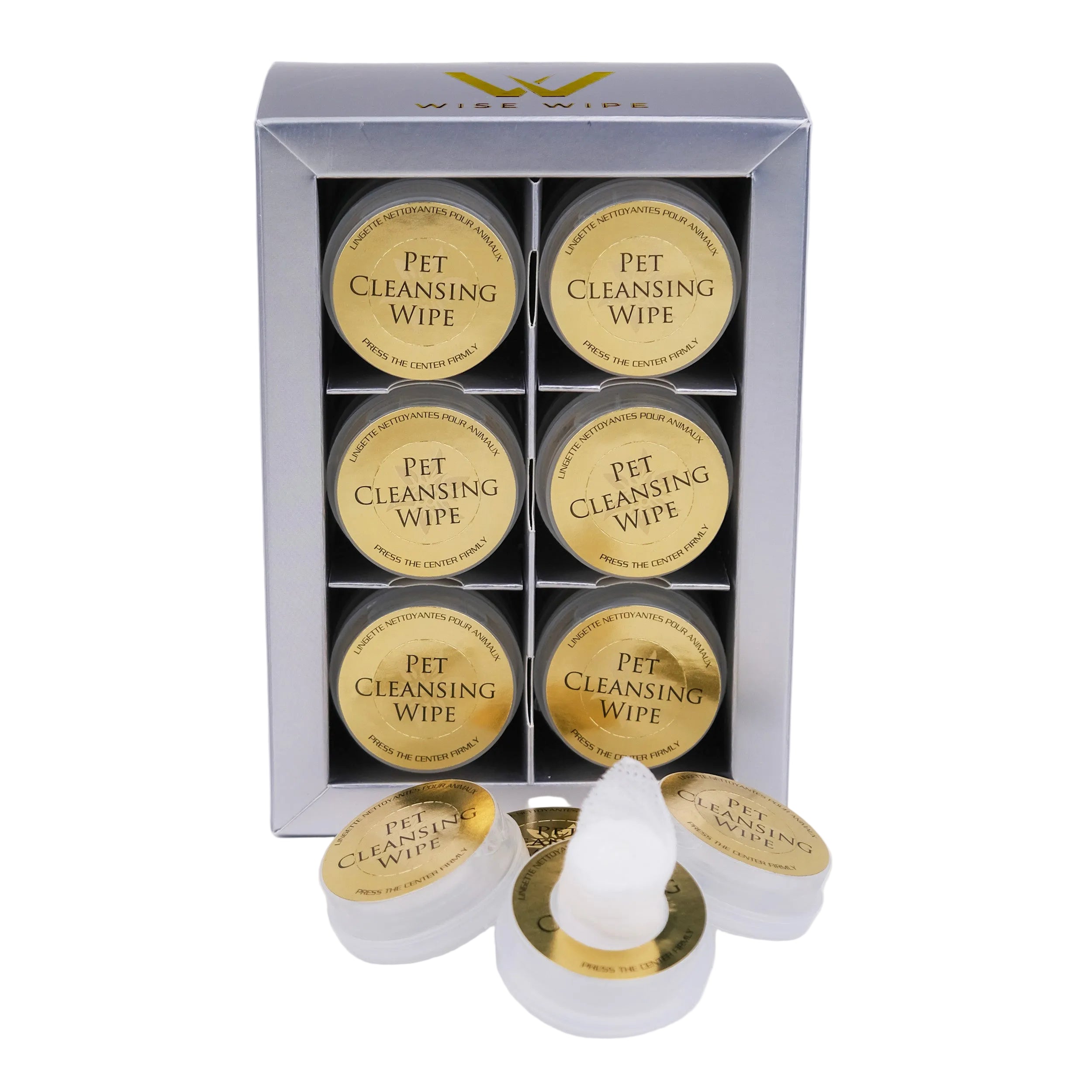 Box of Pet Cleansing Wipes with six round containers and a white applicator on a light gray background.