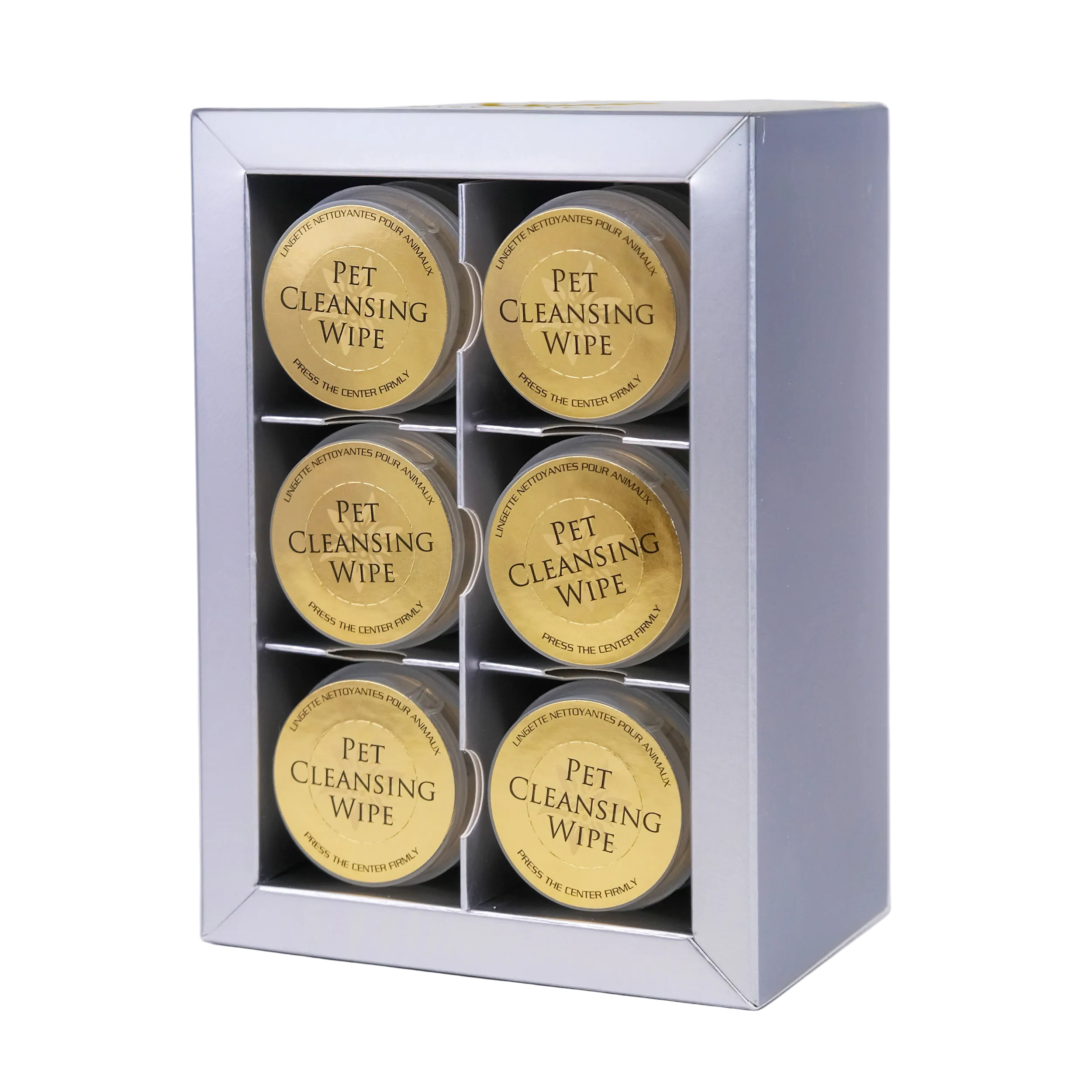 Set of six Pet Cleansing Wipes in a silver display box on a white background