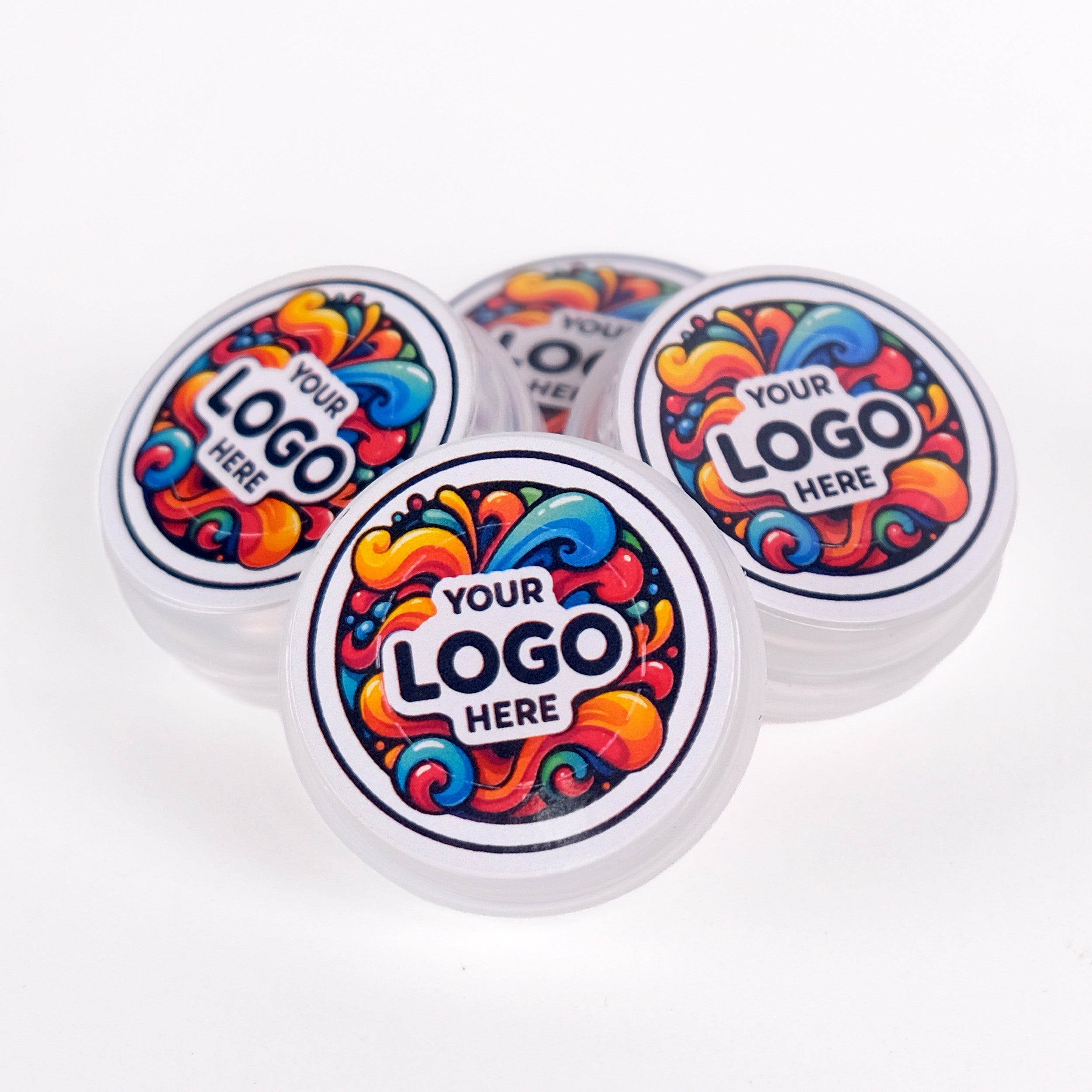 Four round containers with colorful designs and 'Your Logo Here' text on a white background