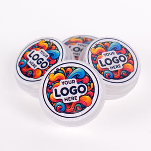 Four round containers with colorful designs and 'Your Logo Here' text on a white background