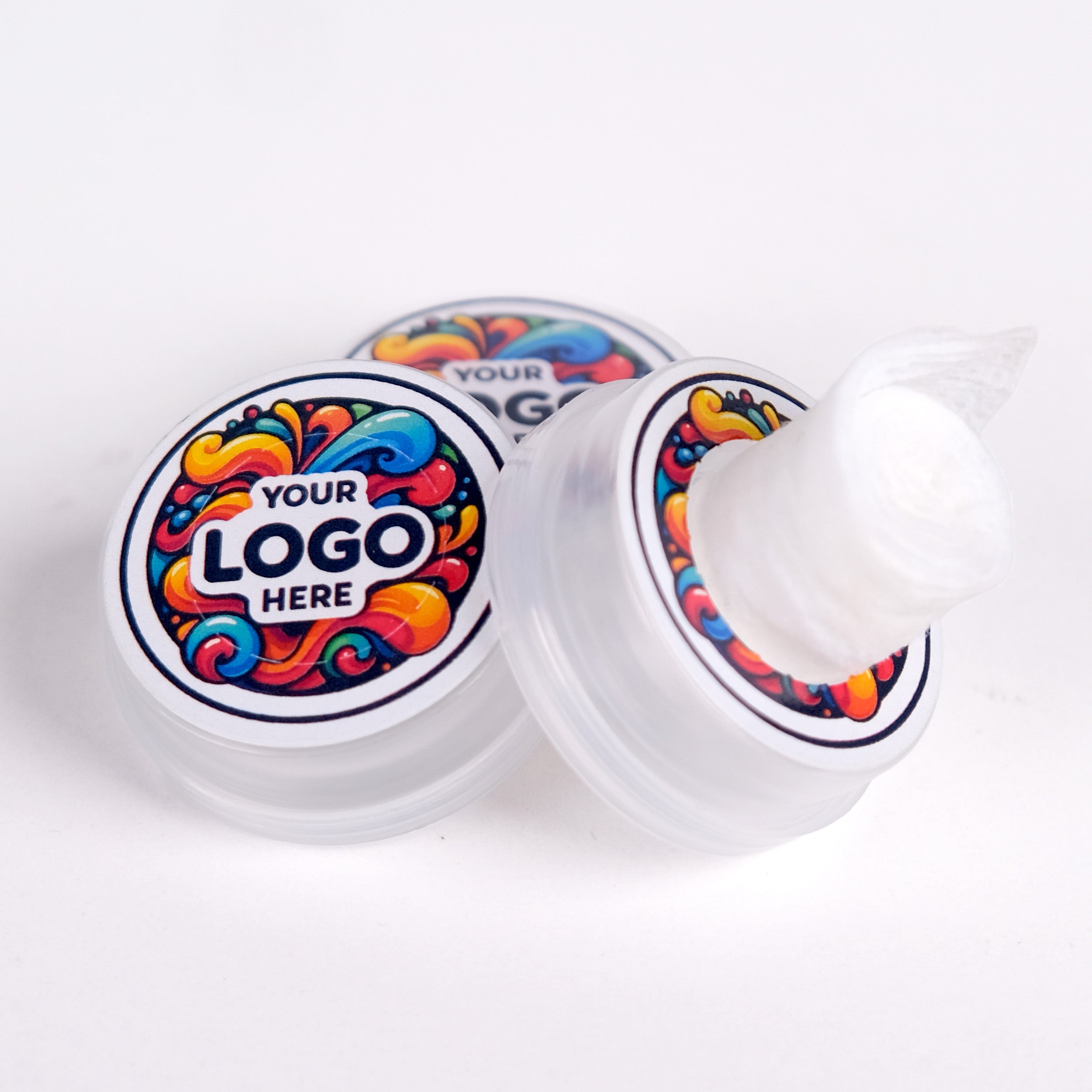 Two containers with colorful logo designs on a white background