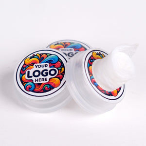 Two containers with colorful logo designs on a white background