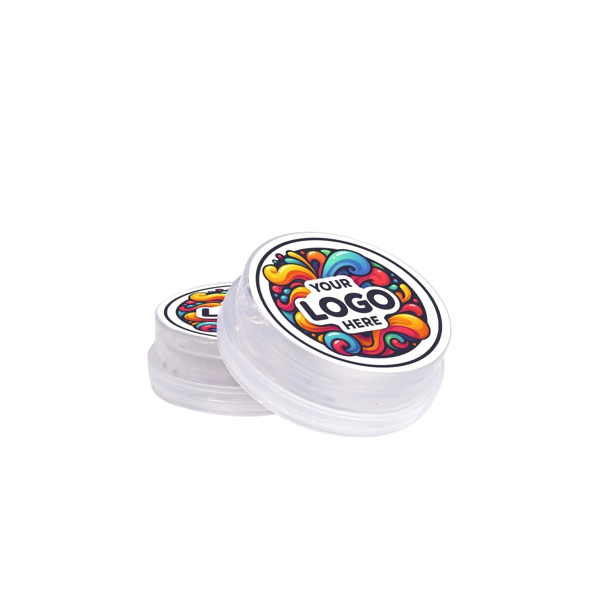 Two small round containers with colorful logo design on a white background