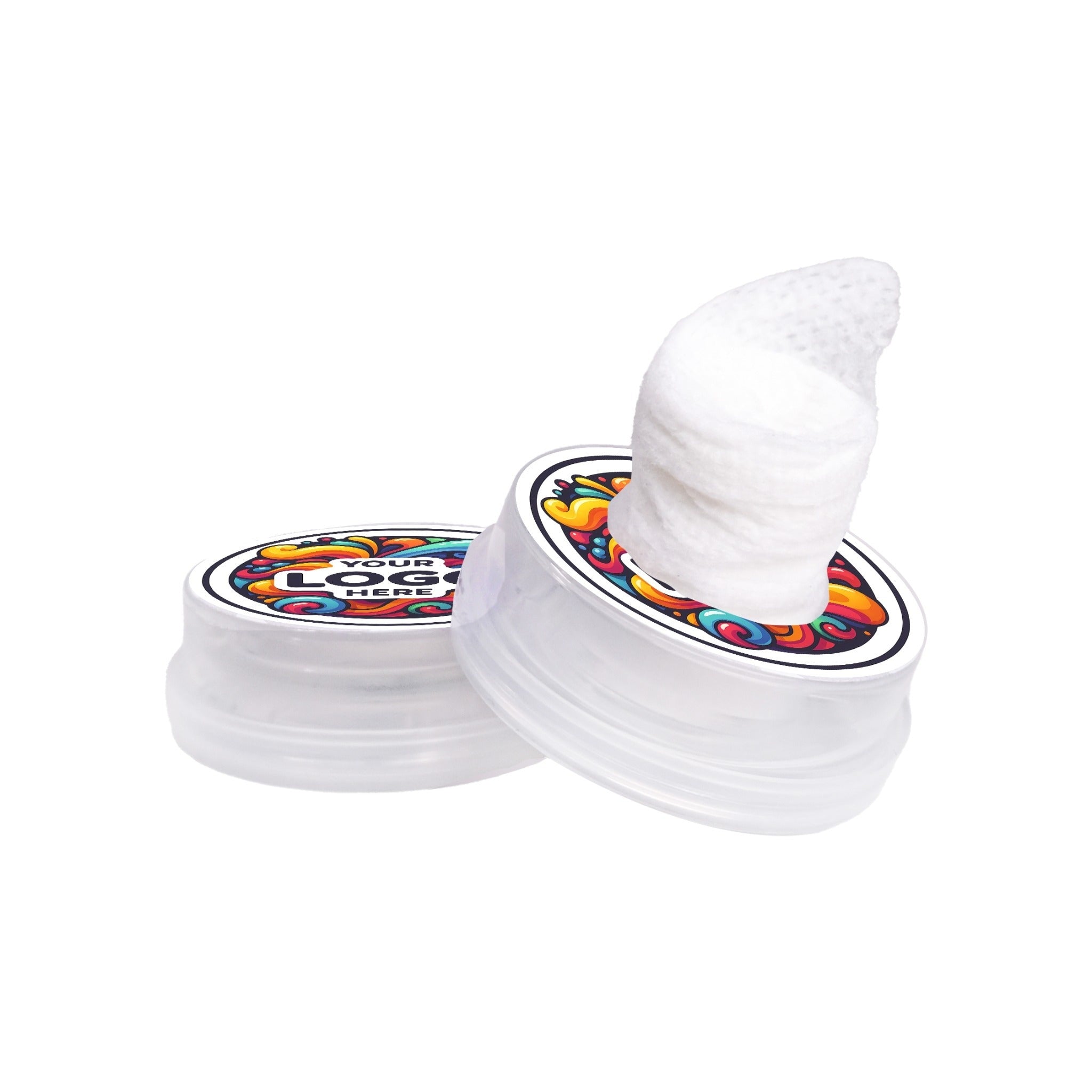 White toy with colorful label on a white background