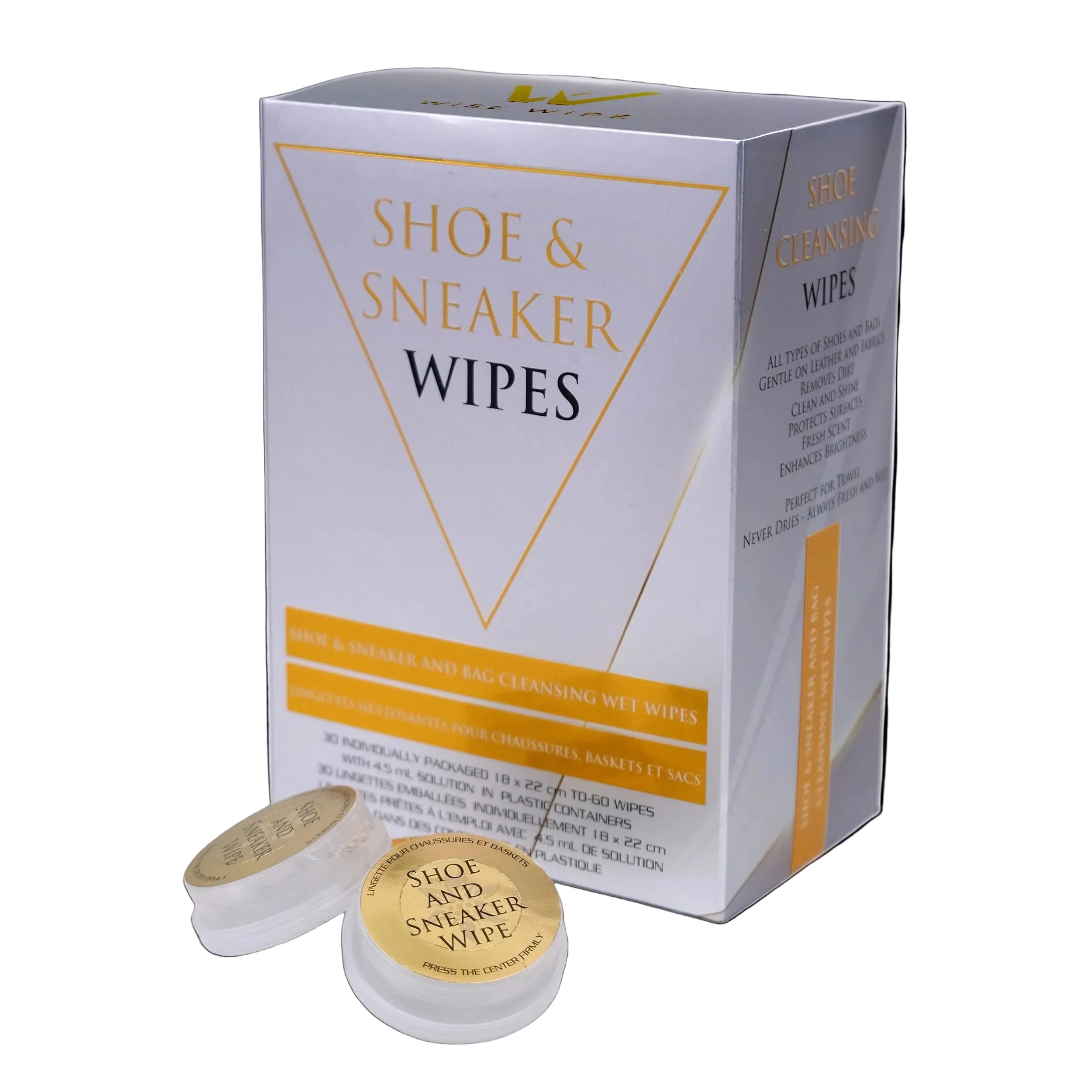 Box of shoe and sneaker wipes with two wipes in front on a white background