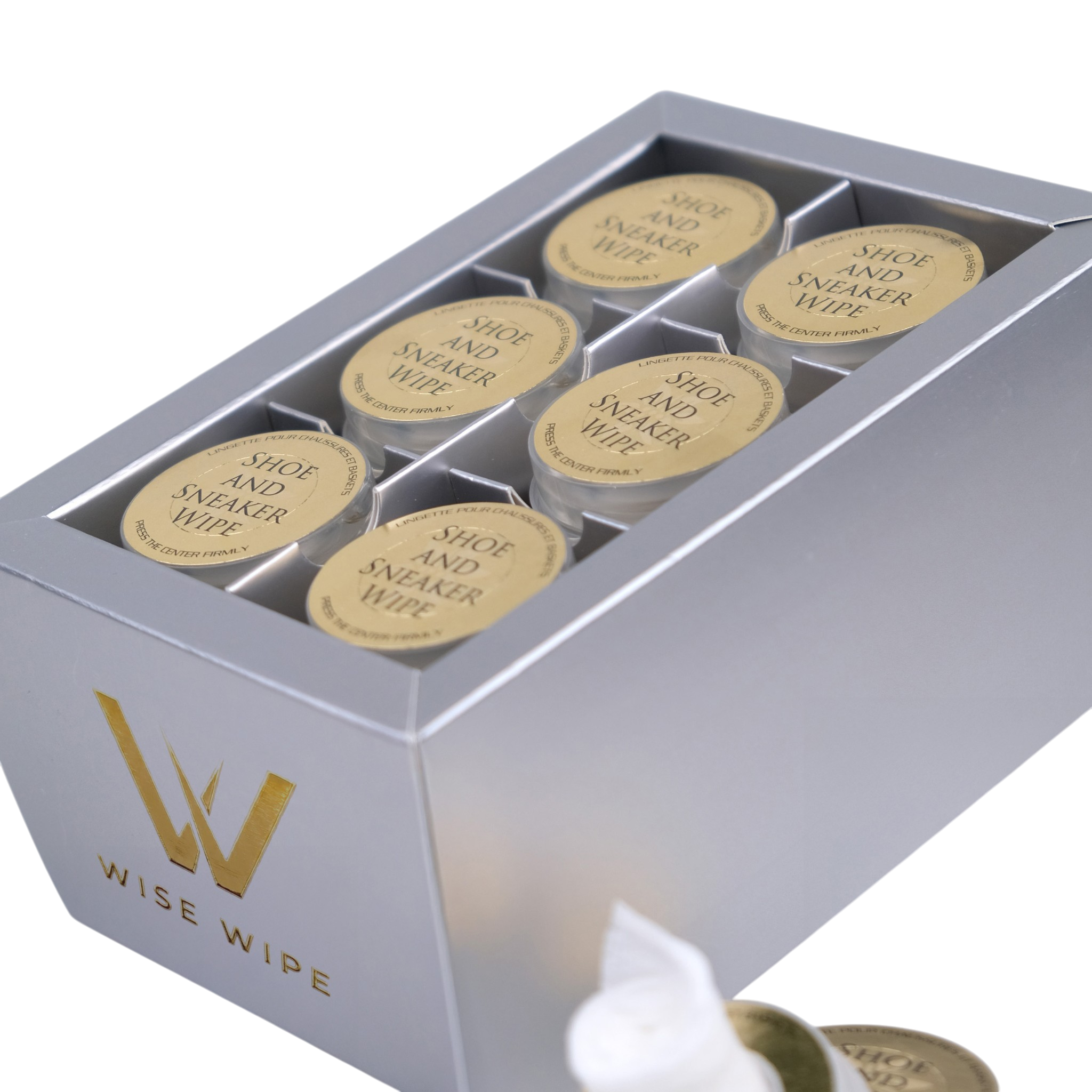 Box of Wise Wipe shoe and sneaker wipes with visible brand logo.