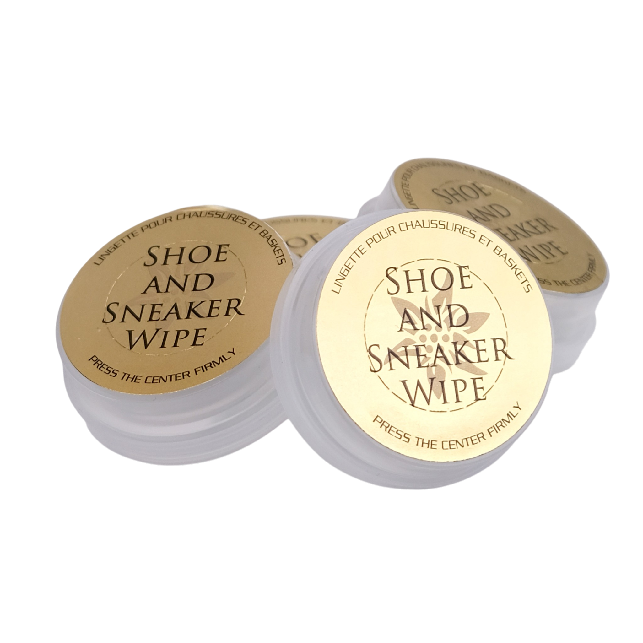 Three containers of 'Shoe and Sneaker Wipe' on a white background