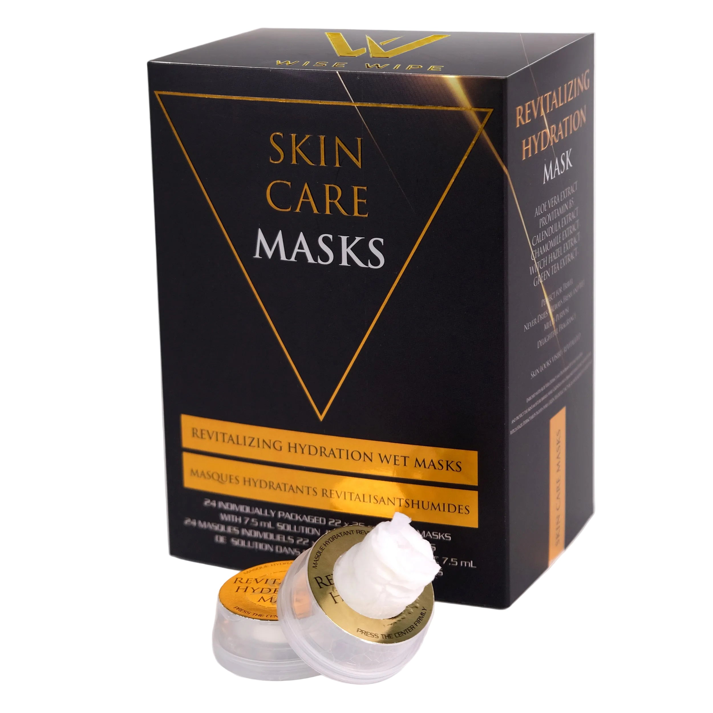 Box of skin care masks with a small container in front on a white background