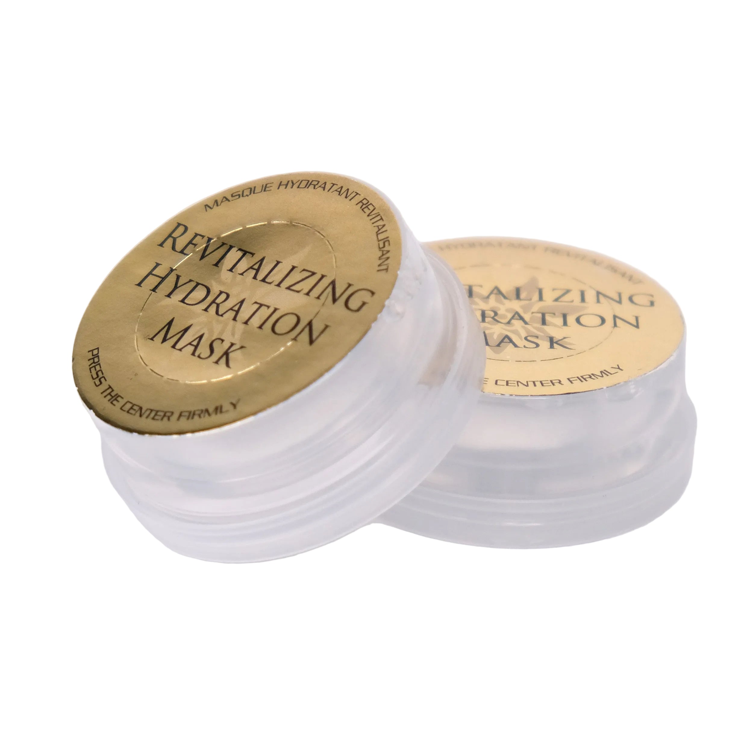 Revitalizing hydration mask with gold lid on a white background