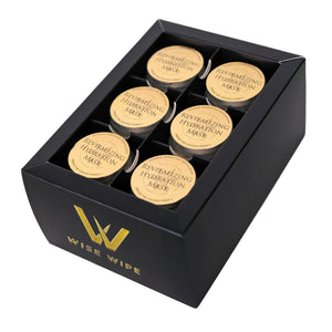 Set of six skincare masks in a black box with 'Wise Wife' branding on a white background
