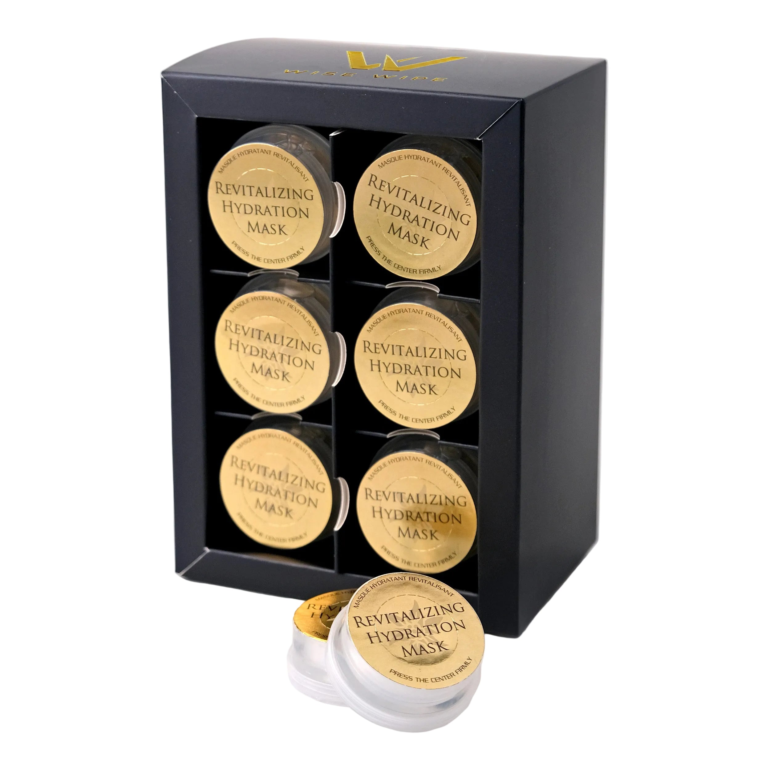 Box of Revitalizing Hydration Masks with gold labels on a white background