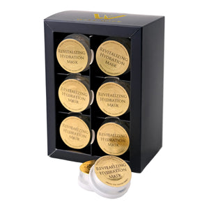 Box of Revitalizing Hydration Masks with gold labels on a white background