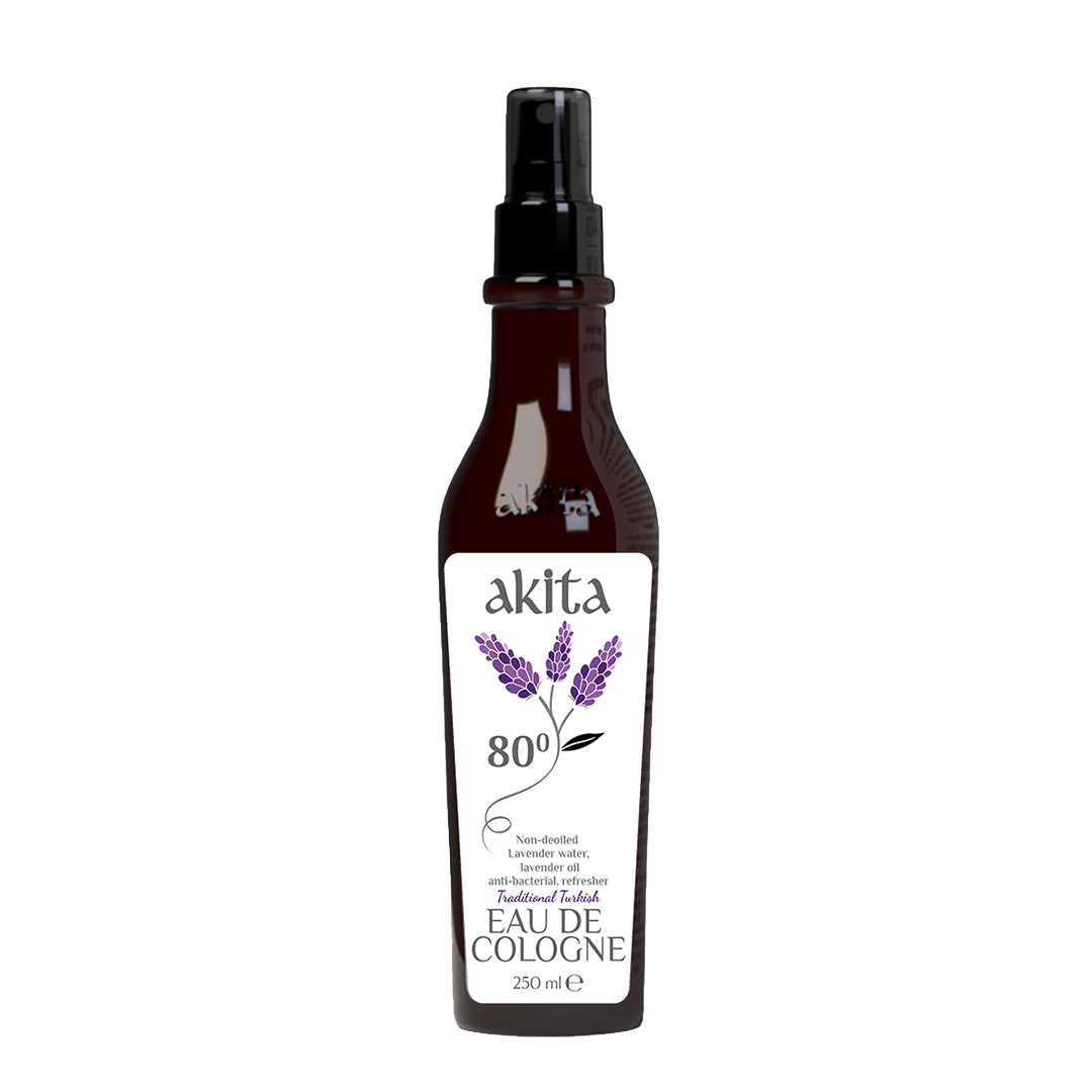 Bottle of Akita cologne with lavender design on a white background