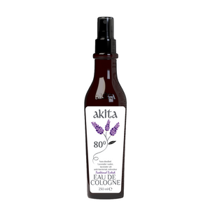 Bottle of Akita cologne with lavender design on a white background