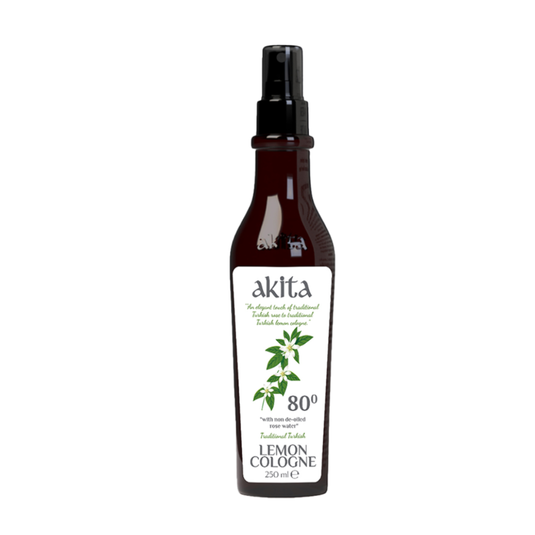 Bottle of akita Lemon Cologne on a white background