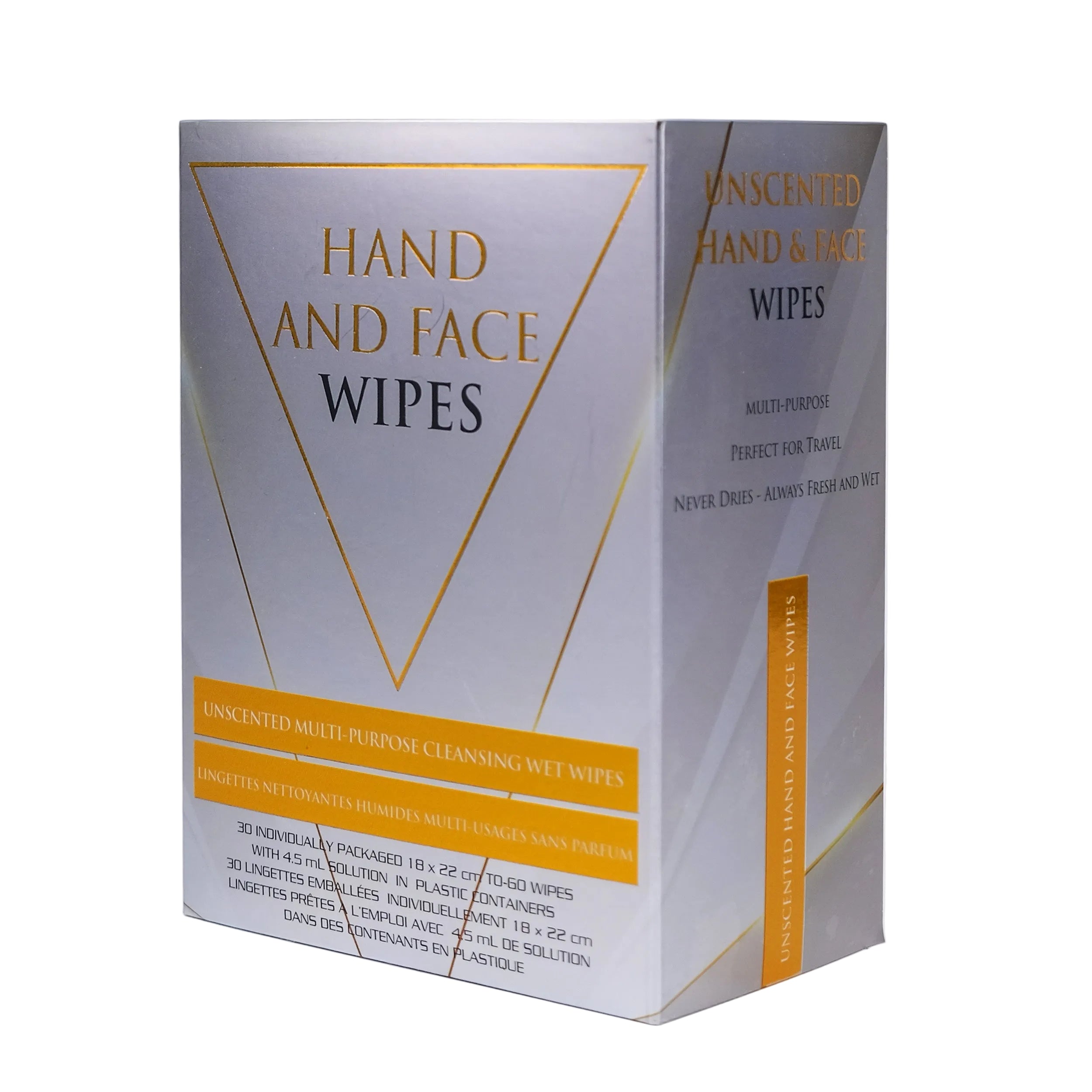 Box of unscented hand and face wipes on a white background