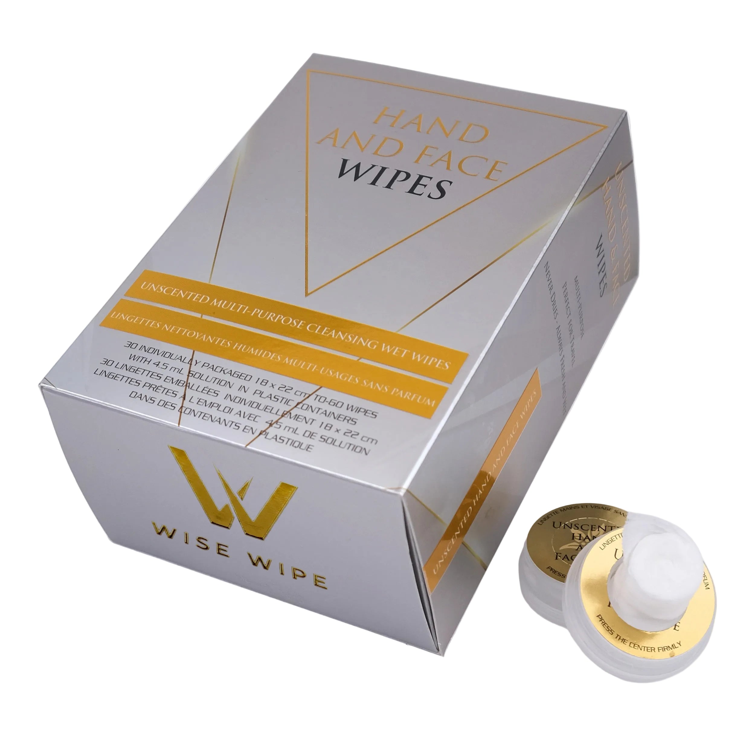 Box of Wise Wipe hand and face wipes with a container on a white background