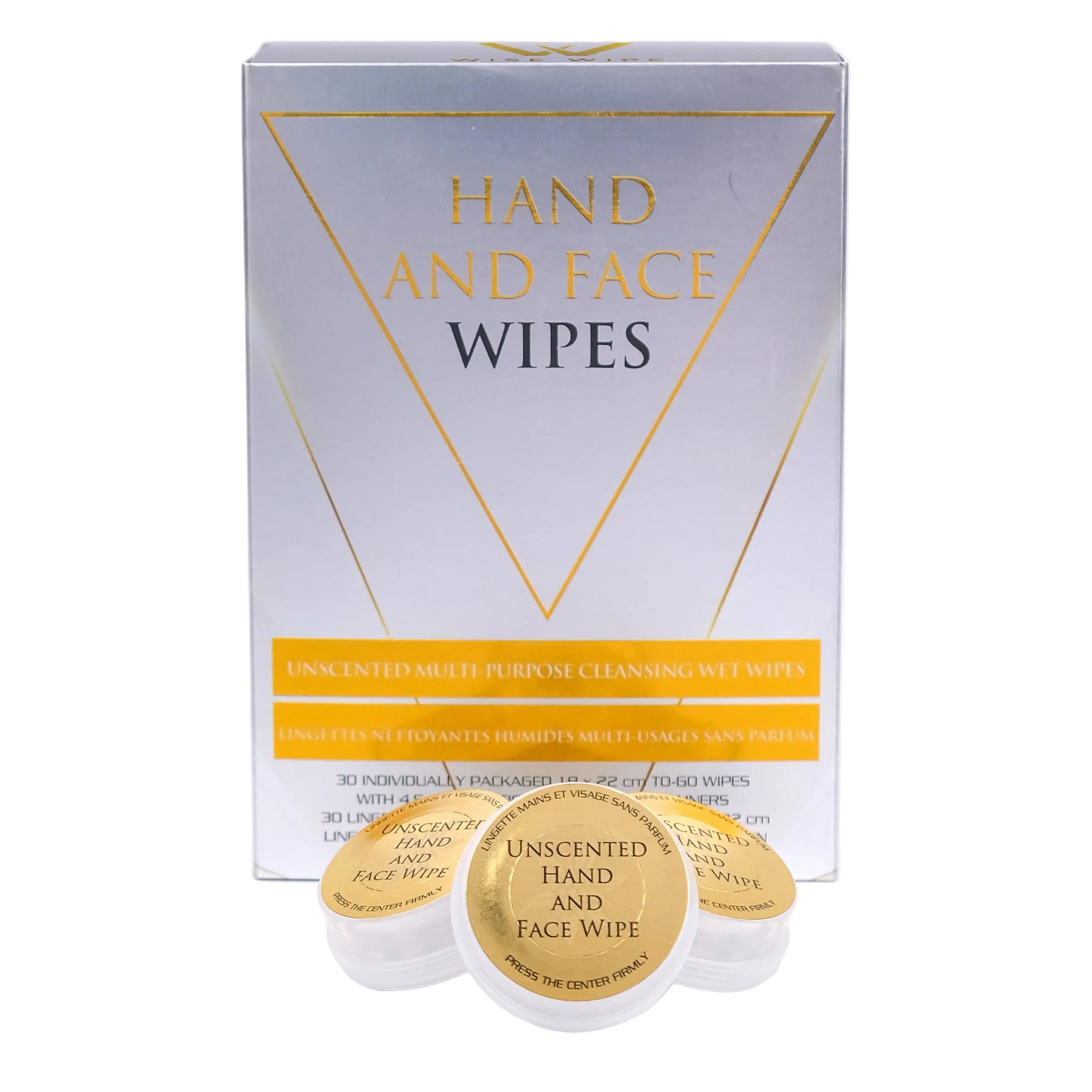 Box of hand and face wipes with two wipes in front on a white background