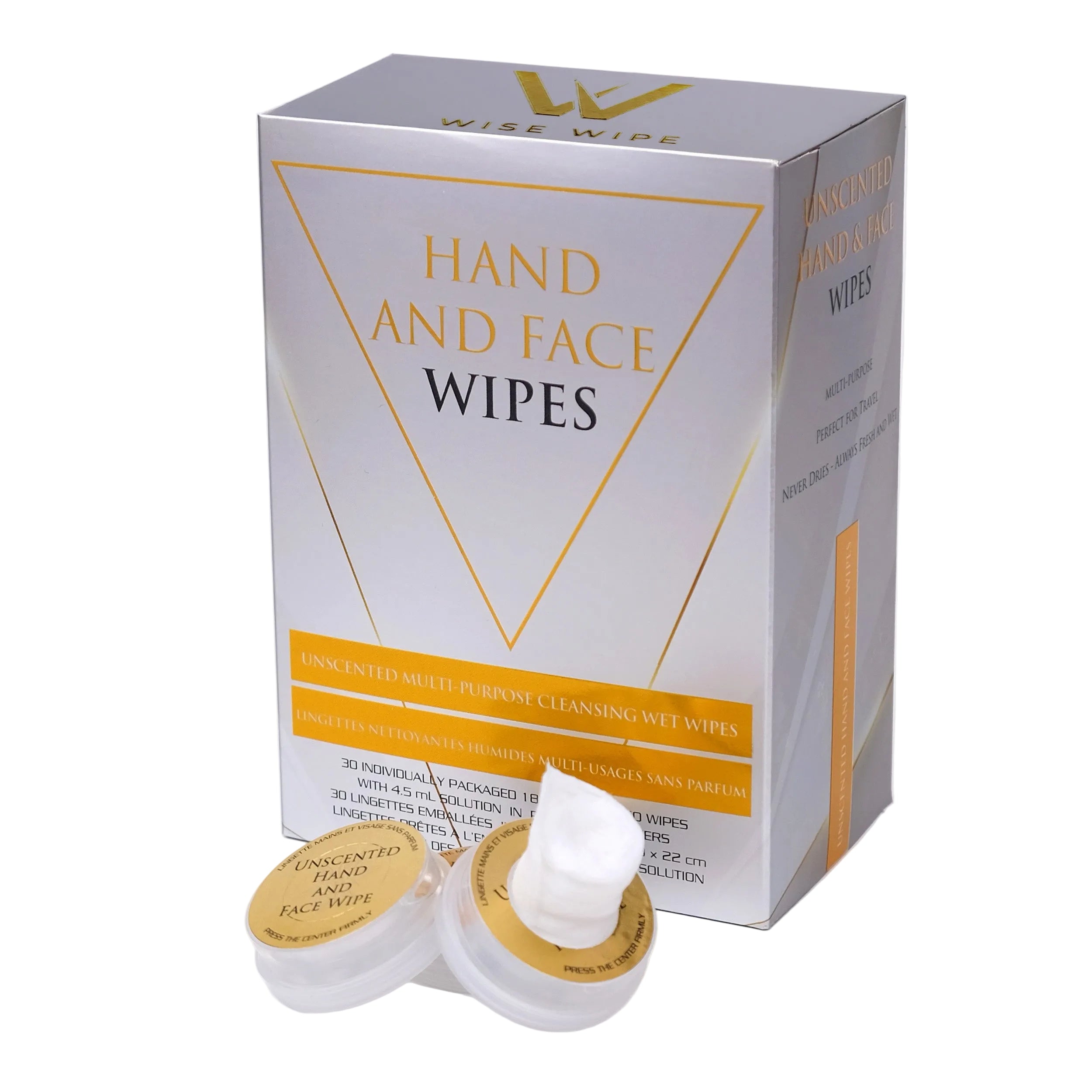 Box of Wise Wipe hand and face wipes with two open wipes on a white background